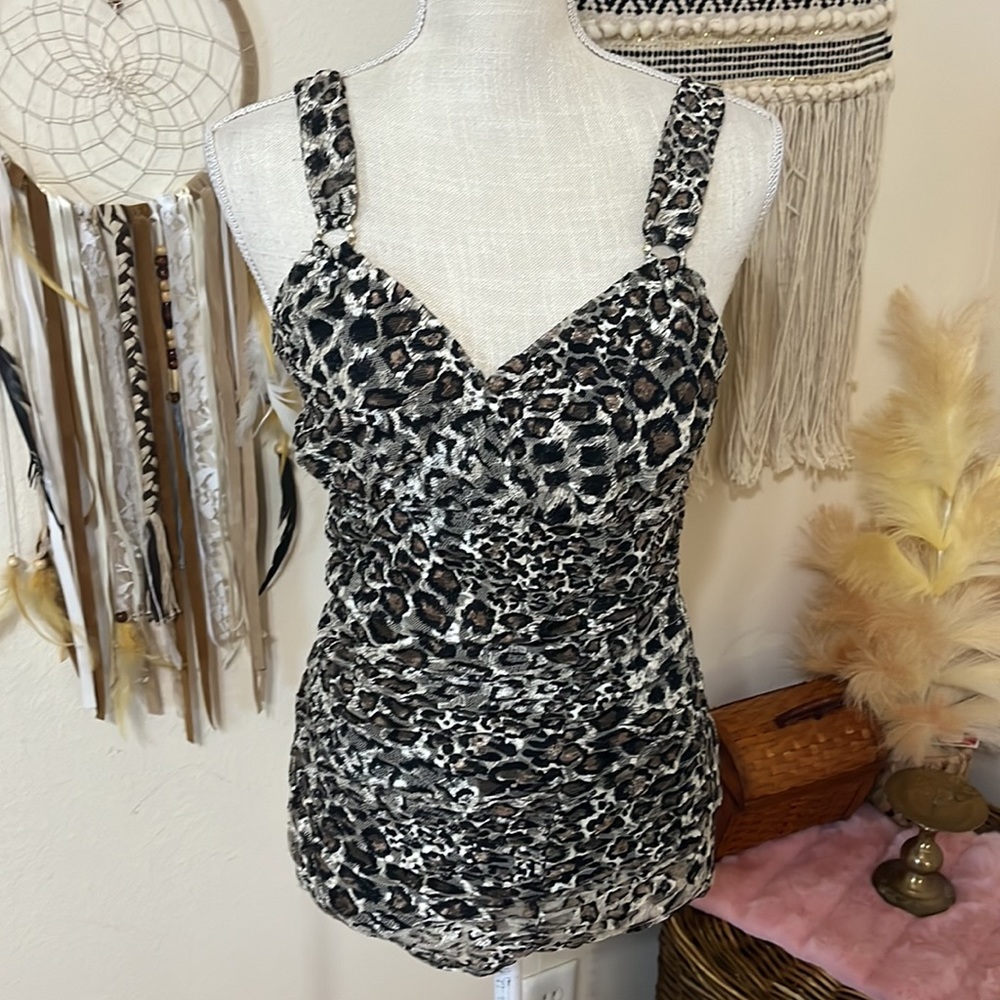 Leopard Print Mesh Ruched Top with Diamond accessories by Express/ Size Medium